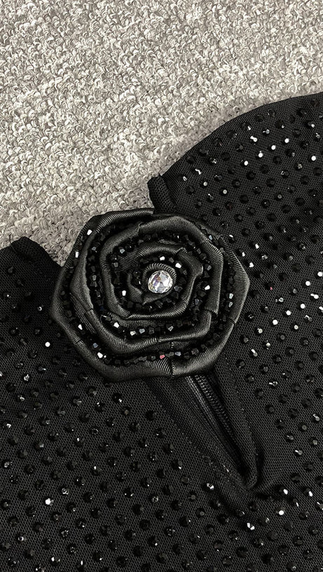 STRAPLESS RHINESTONE ROSE MAXI DRESS IN BLACK