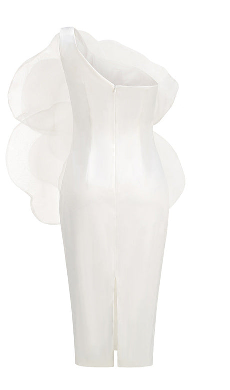 ANDREA MESH FLOWER ONE SHOULDER MIDI DRESS IN WHITE