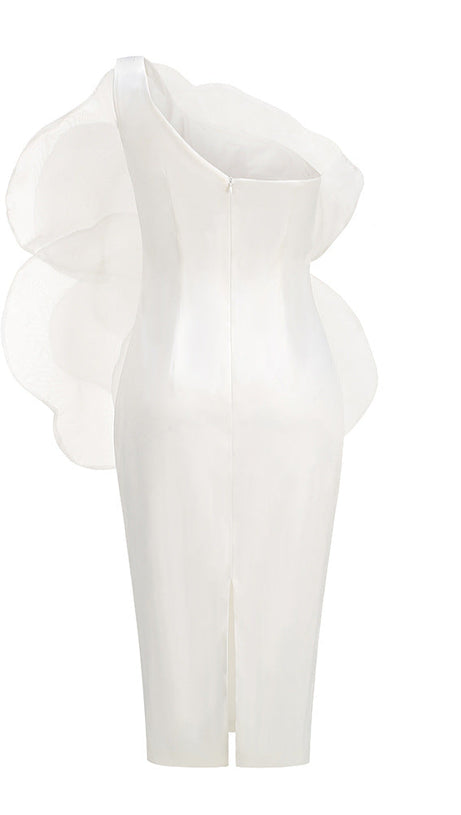ANDREA MESH FLOWER ONE SHOULDER MIDI DRESS IN WHITE
