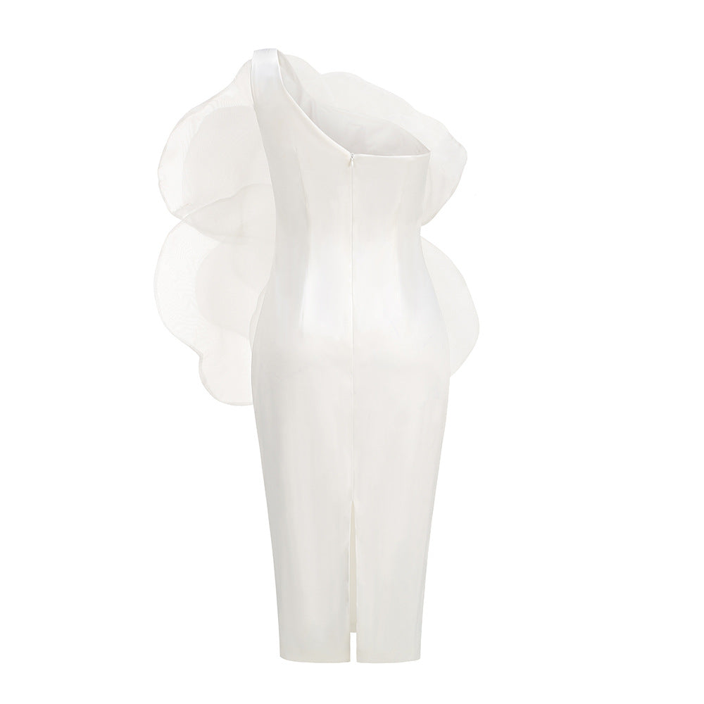 AIIZIE ANDREA MESH FLOWER ONE SHOULDER MIDI DRESS IN WHITE - product image