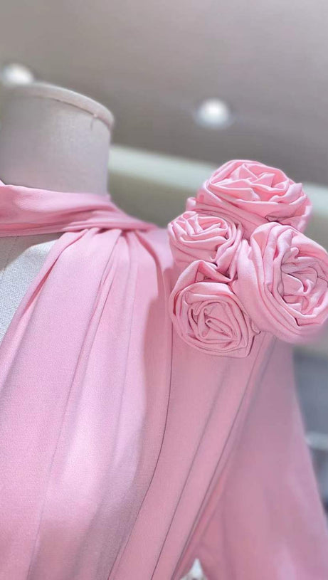 ERIN LANTERN SLEEVE HIGH COLLAR FLOWER SLIT MIDI DRESS IN PINK