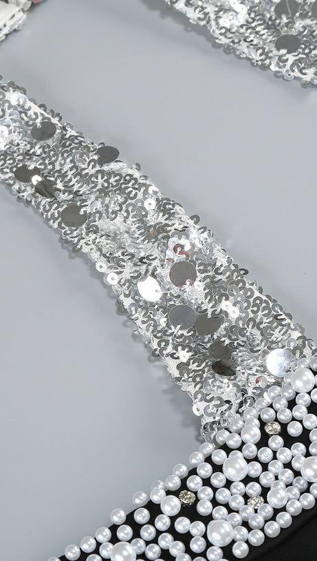 HALTER PEARL CRYSTAL-TRIM GOWN IN BLACK