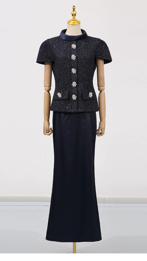 AIIZIE NAVY METALLIC BOUCLE MAXI DRESS - product image