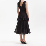 NANCY SLEEVELESS PLEATED TIERED MIDI DRESS IN BLACK