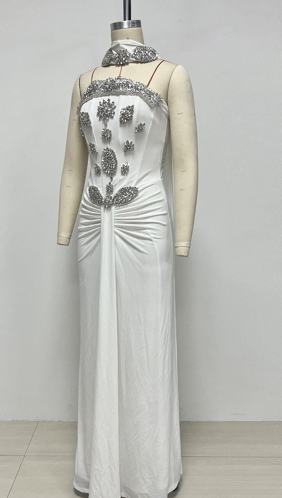 White Strapless Corset Evening Gown with Cape