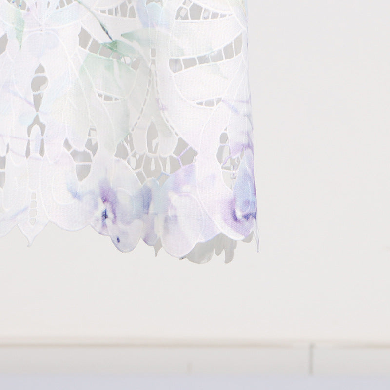 ABITO MIDI IN PIZZO CON MANICHE A SBUFFO E COLLO ALTO, BIANCO