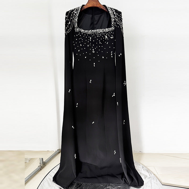 Red Beaded Cape Maxi Gown with Shawl Sleeves