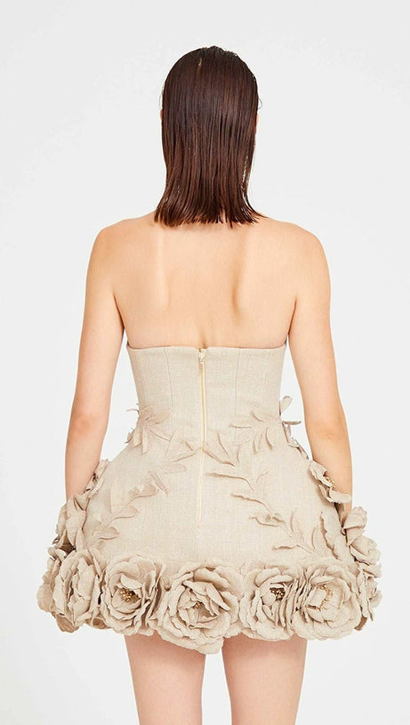 SALOME BEIGE LINEN CORSET FLOWER DETAILS MINI DRESS