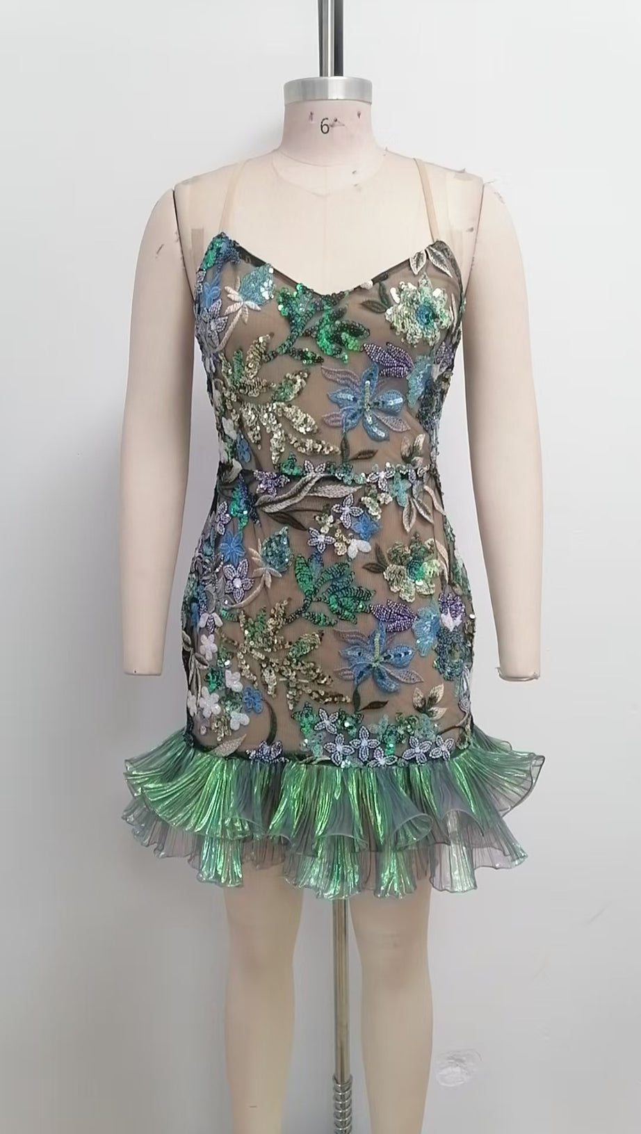 GREEN FLORAL EMBROIDERY STRAP MESH-PANELLED MINI DRESS