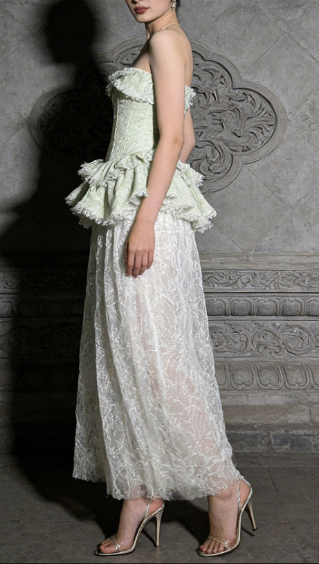 Green Strapless Lace-Paneled Fitted Maxi Dress