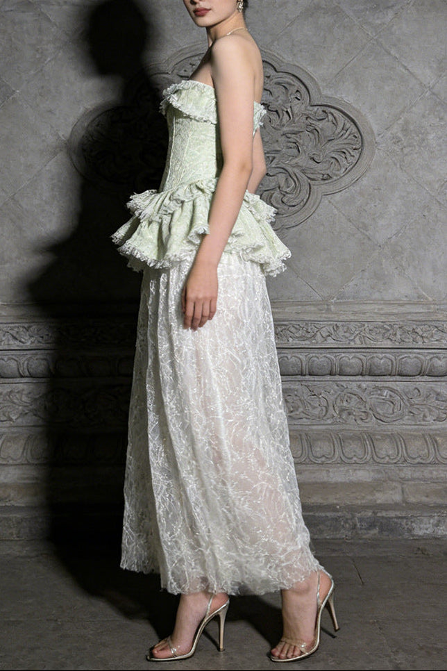 Green Strapless Lace-Paneled Fitted Maxi Dress