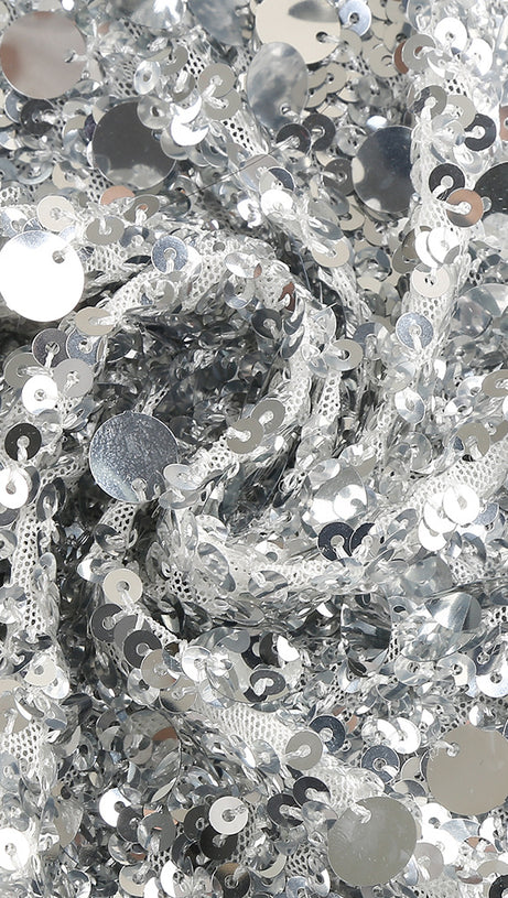 SILVER SEQUIN MESH HALTER NECK MAXI DRESS