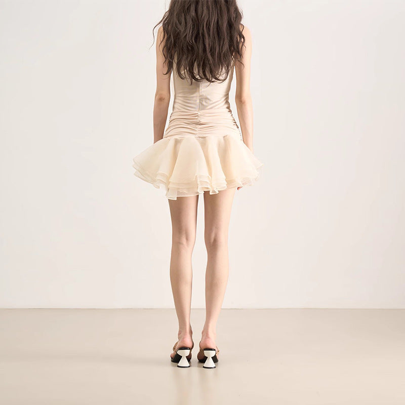 ROUND NECK SLEEVELESS RUFFLED MINI DRESS