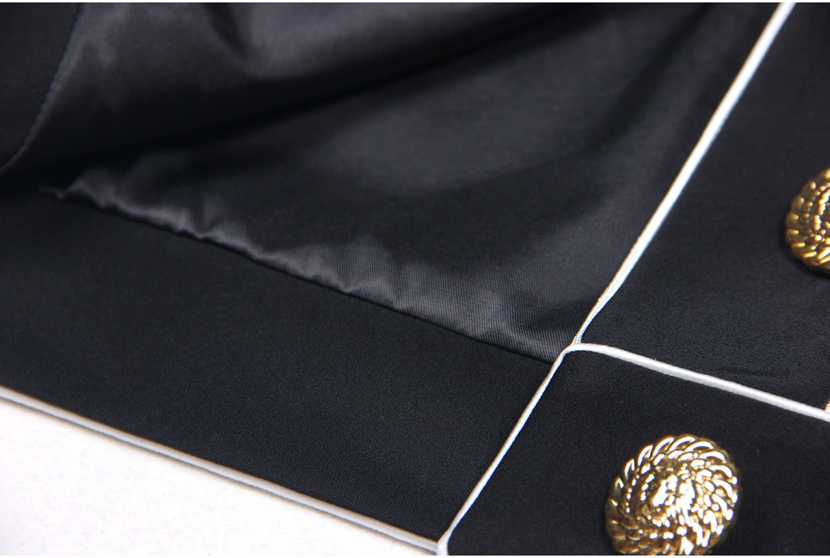 SEVEN-BUTTON BLACK PIPED-TRIM JACKET