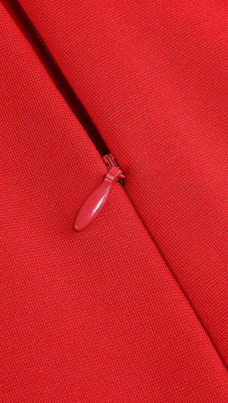 LACE-EMBELLISHED TRUMPET SLEEVE JUMPSUITS IN RED