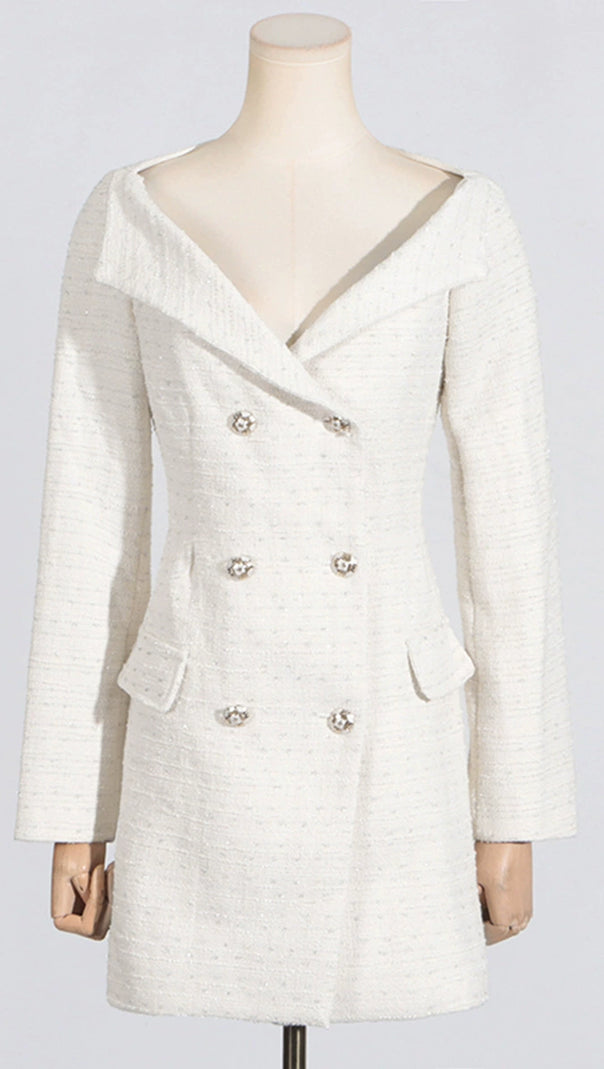 STEPHANIE WHITE BOUCLE BLAZER MINI DRESS