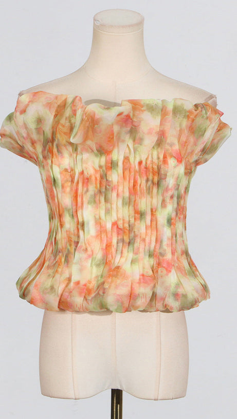 PRINT RUFFLE TRIM TOP IN YELLOW