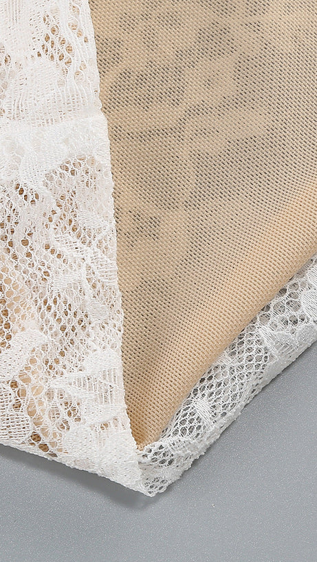 LACE JACQUARD FISHBONE BODYCON MINI DRESS IN WHITE