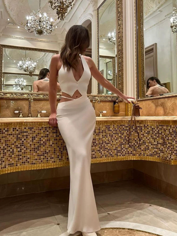 AIIZIE SILK CROP TOP MAXI SKIRTS 2 PIECES SETS IN WHITE - product image