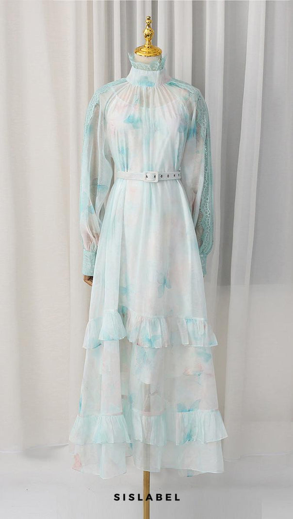 olga floral print  lantern sleeve layer Sheer maxi dress