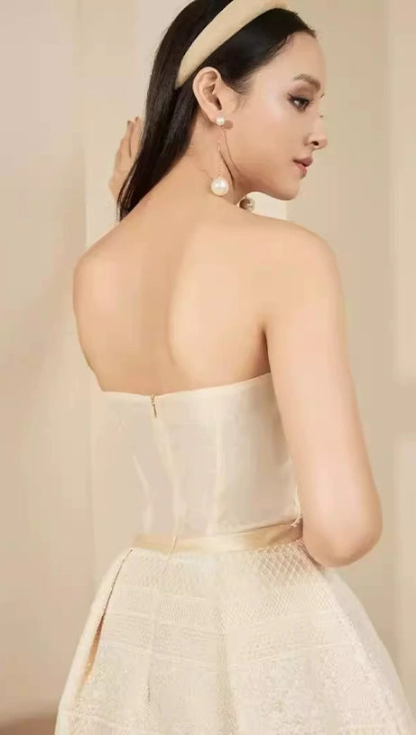 TERESA BEIGE A-LINE STRAIGHT ACROSS NECK LACE MINI DRESS