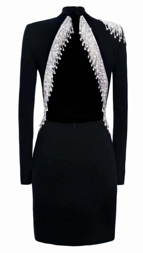 BLACK LONG - SLEEVED BACKLESS BEADED BANDAGE MINI DRESS