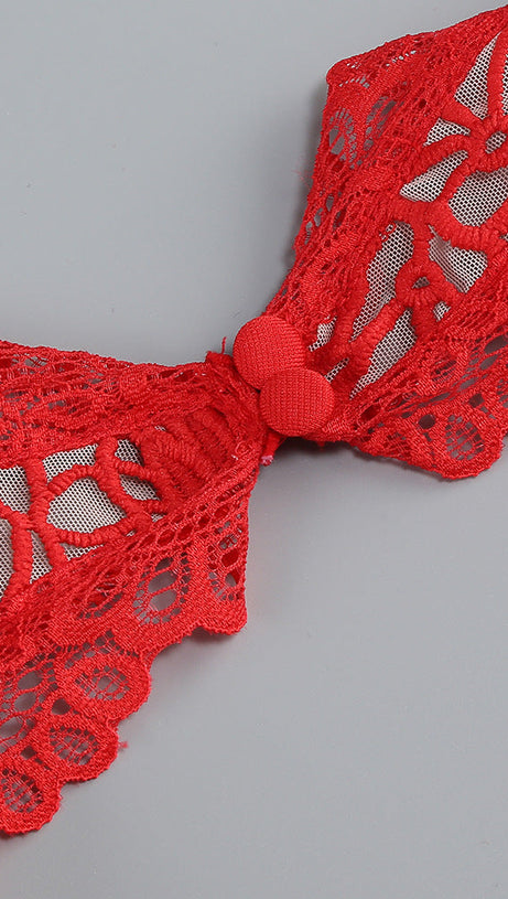 LACE-EMBELLISHED TRUMPET SLEEVE JUMPSUITS IN RED