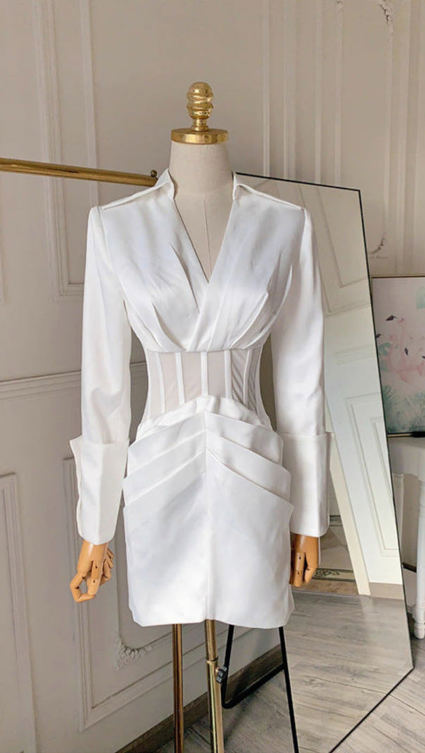 AIIZIE ALYSSA DEEP V SEE-THROUGH FISHBONE PLEATED HIP BLAZER MINI DRESS IN WHITE - product image