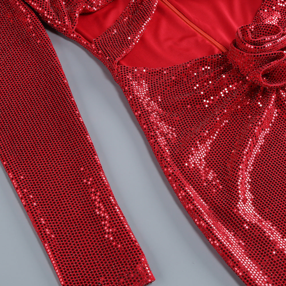 AIIZIE FLOWER EMBELLISHED CUTOUT SEQUIN MAXI DRESS IN RED - product image