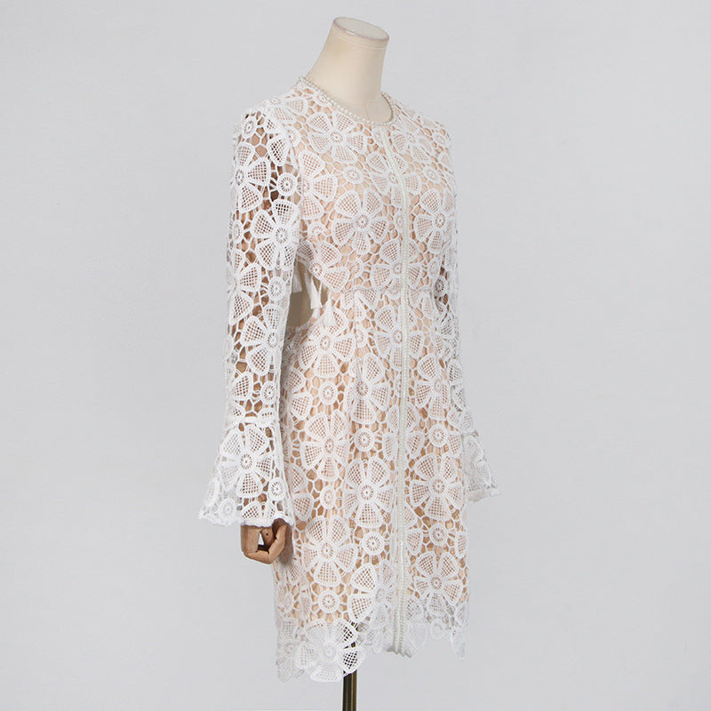 EMBROIDERED HOLLOW MINI DRESS IN WHITE