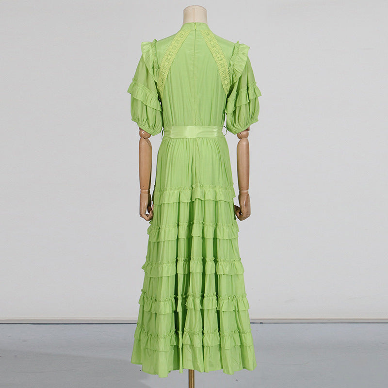 LACE RUFFLE TRIM LAYER MIDI DRESS IN GREEN