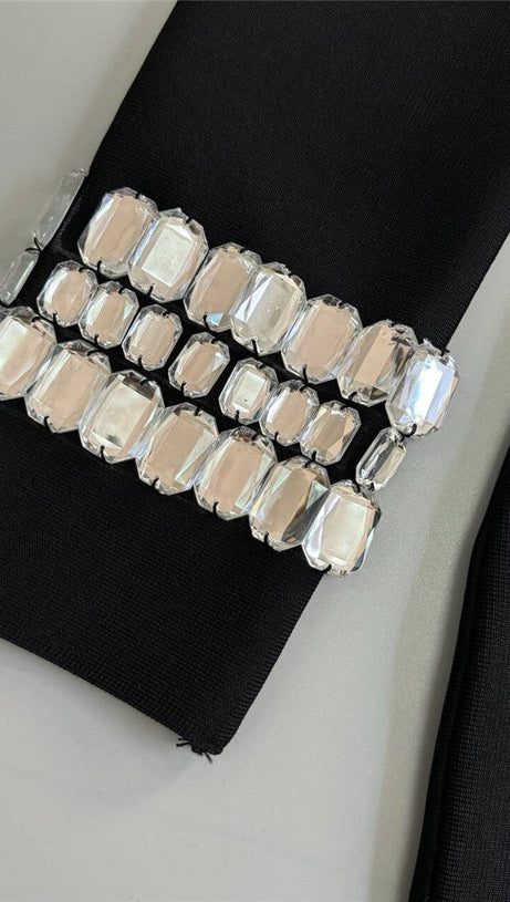 OFF NECK BACKLESS DIAMOND BANDAGE BLACK MAXI DRESS