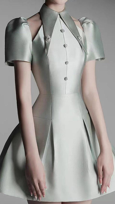 PUFF SLEEVE CUT OUT A-LINE MINI DRESS IN GREEN