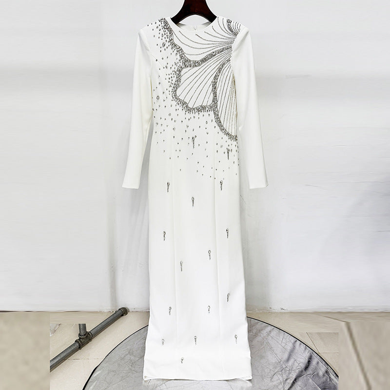 white long sleeve embellished maxi dress