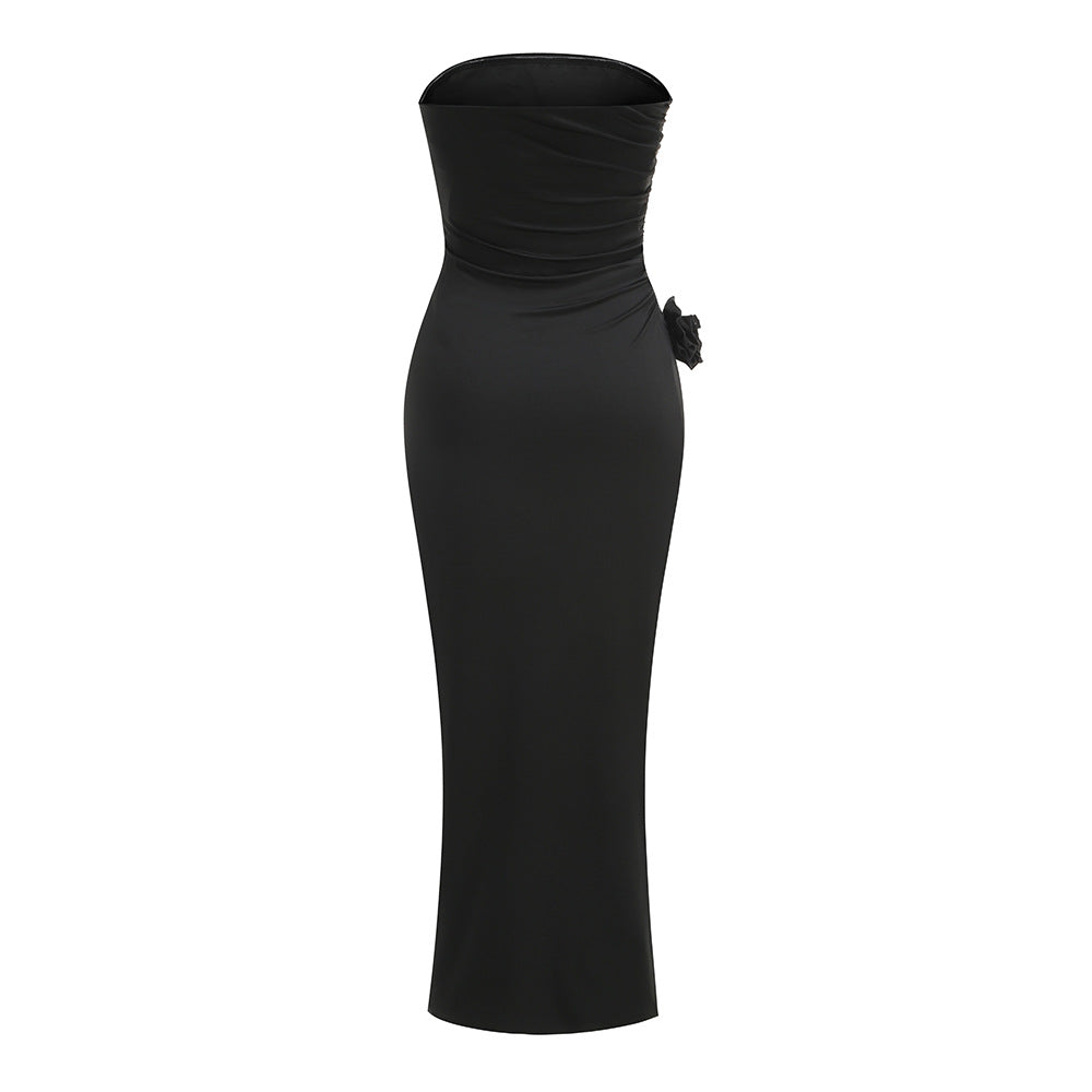 AIIZIE BLACK STRAPLESS RUCHED MIDI DRESS WITH FLORAL DETAILS - product image