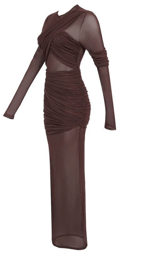 LONG SLEEVE MESH INSERT DRAPED MAXI DRESS
