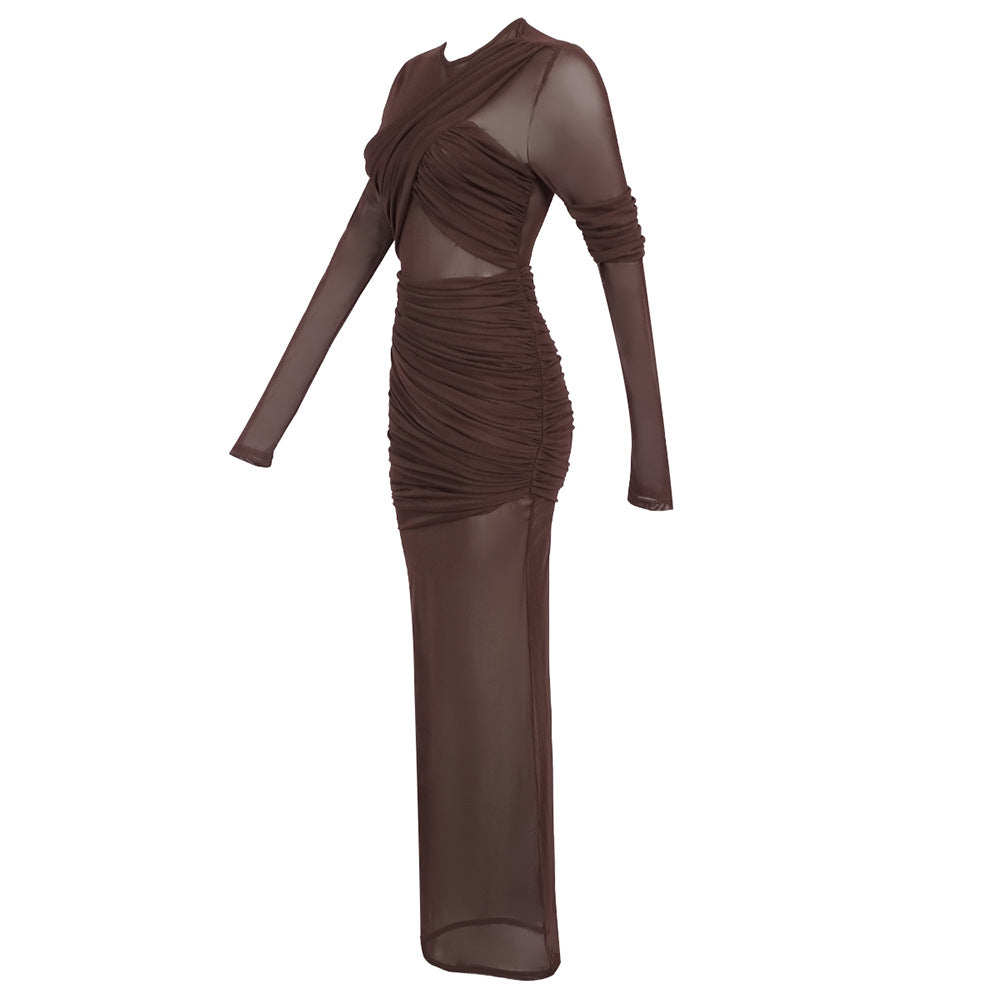 LONG SLEEVE MESH INSERT DRAPED MAXI DRESS