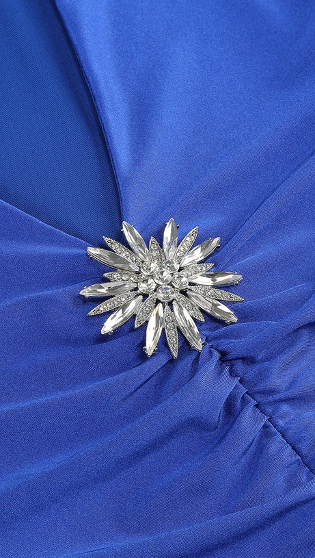 SLEEVELESS DEEP V NECK SHIRRED FRONT FISHTAIL GOWN