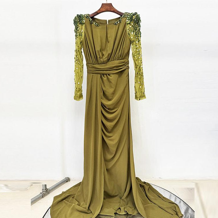 nail bead set with diamonds small trailing long dress olive green