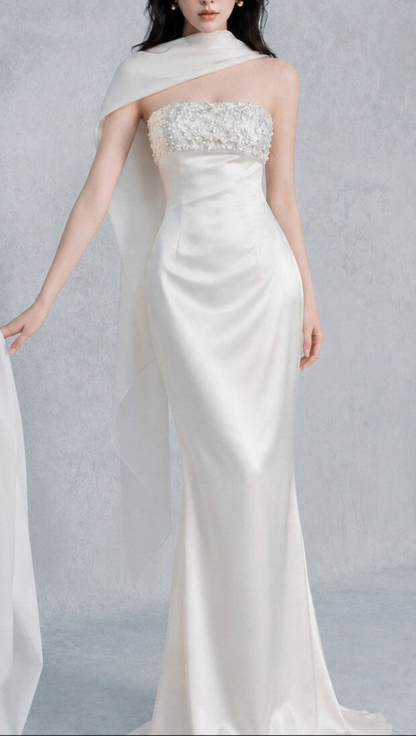sylvia rhinestone embellish strapless satin maxi dress  - white