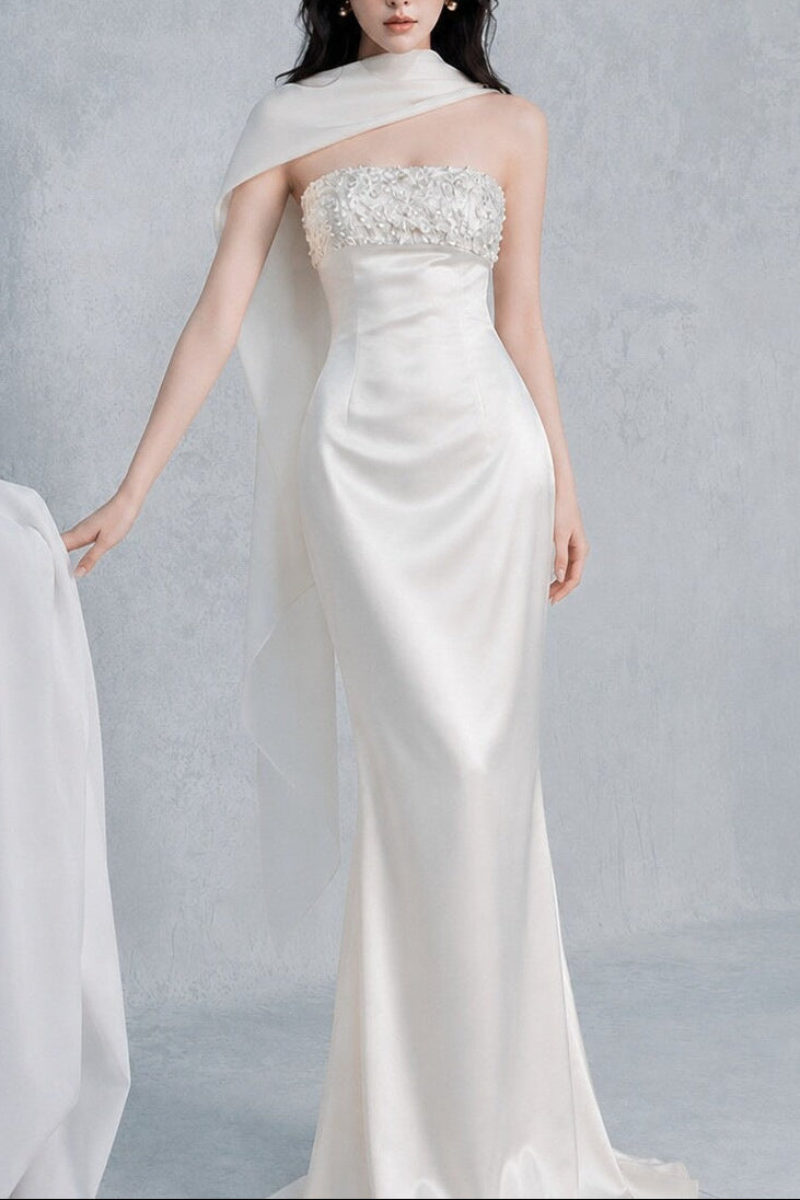 sylvia rhinestone embellish strapless satin maxi dress  - white