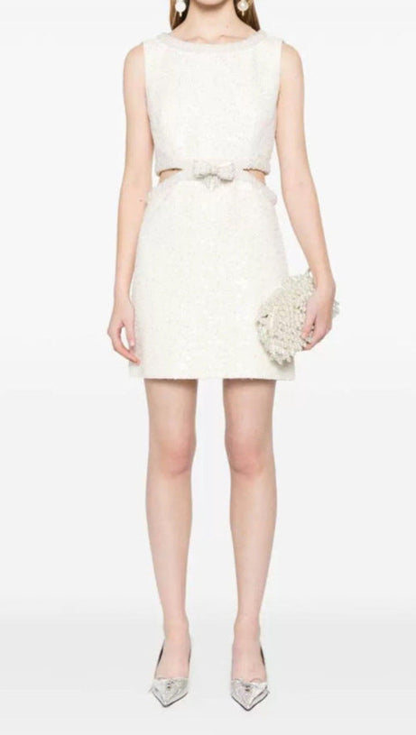 CUT OUT CREAM BOUCLE PEARL MINI DRESS