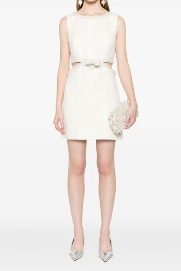 AIIZIE CUT OUT CREAM BOUCLE PEARL MINI DRESS - product image