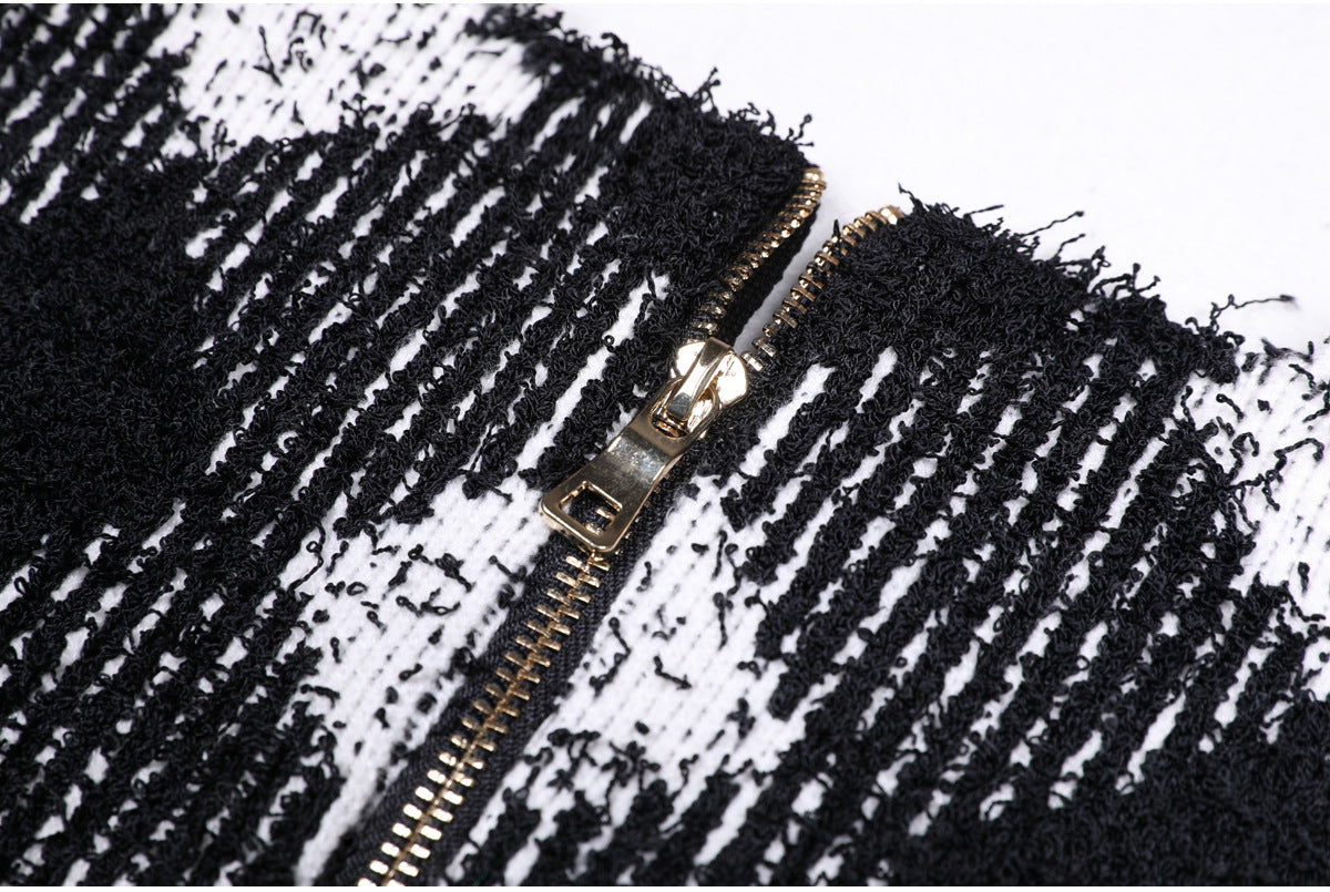 Schwarz-weiße Gingham-Tweed-Strickjacke