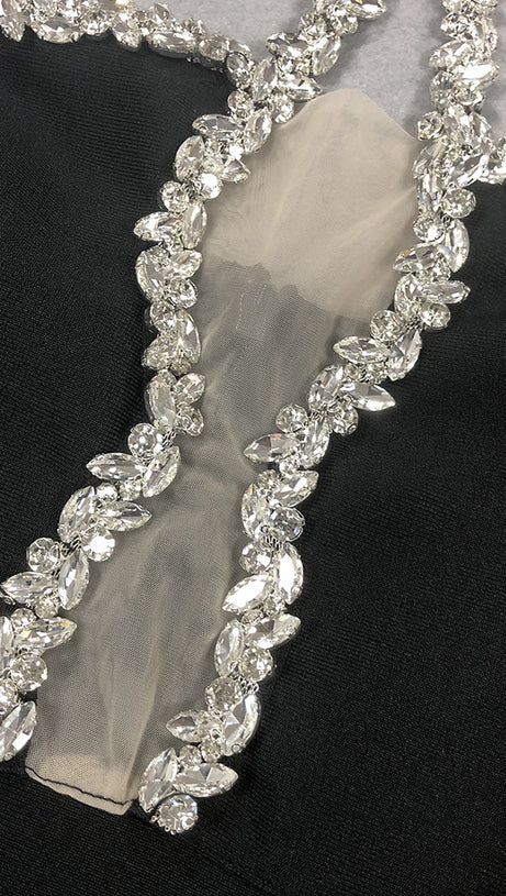 DIAMOND-EMBELLISHED HALTERNECK FITTED BANDAGE MAXI DRESS BLACK