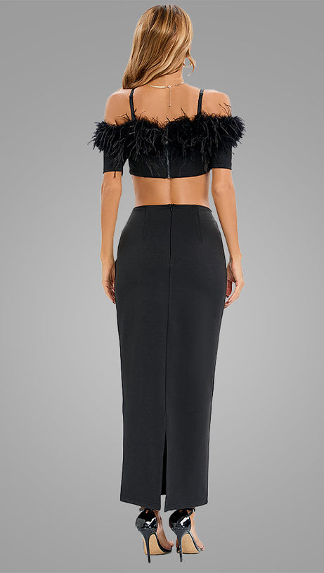OFF-SHOULDER FEATHER PANEL BLACK DRESS