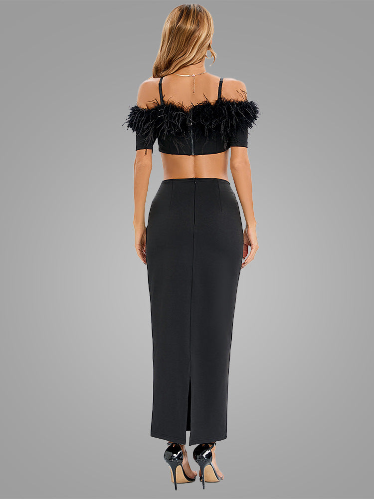 AIIZIE OFF-SHOULDER FEATHER PANEL BLACK DRESS - product image