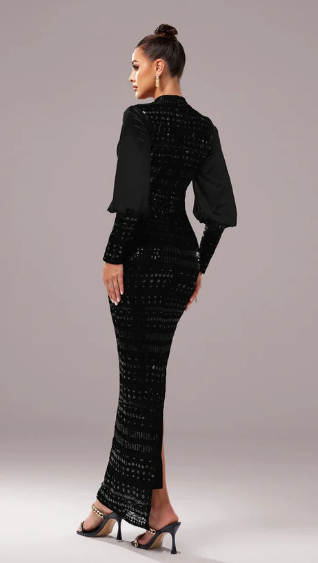 BEATRICE SEQUIN LONG SLEEVE MAXI DRESS IN BLACK