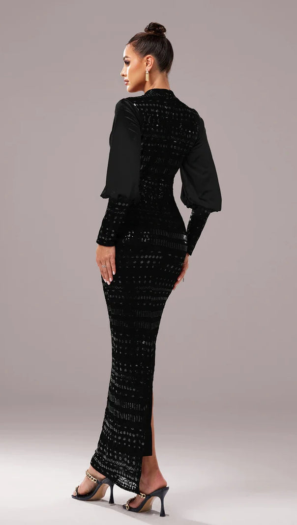 AIIZIE SEQUIN LONG SLEEVE MAXI DRESS IN BLACK - product image