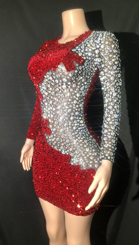 SEQUIN RHINESTONE PATCHWORK DRESS